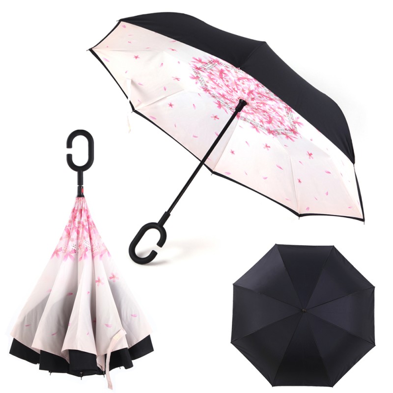 Windproof Inverted Umbrella for Cars Reverse Open Double Layer with UV Protection and C-Shape Sweat-proof Handle - Cherry Blossom| By HomeyHomes